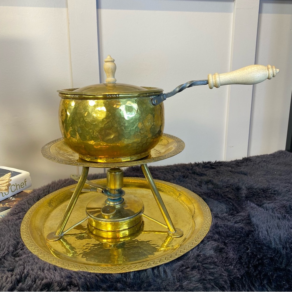 Alla Monda Vintage Hammered Brass Swiss Pot & PERK Fondue Sauce Pot